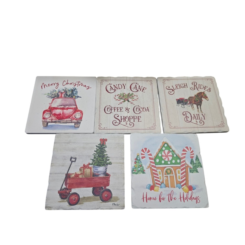 Christmas Tree Shops Stone Coaster Set of 5 Holiday Gingerbread Wagon Sleigh 4in